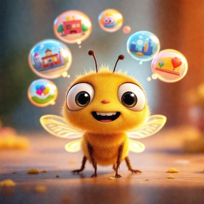 The primary subject of the image is a yellow cartoon bee with a smile on its face. The bee is surrounded by various bubbles, which are scattered throughout the scene. The setting appears to be a table, and the visual style is a combination of digital art and illustration. The colors in the image are predominantly yellow and orange, creating a cheerful and lively atmosphere.